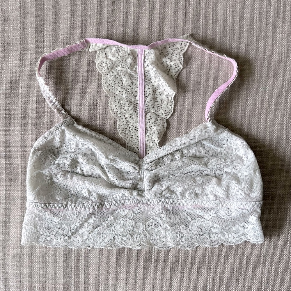 VS Pink - Light Grey stretch lace bralette (T-back)